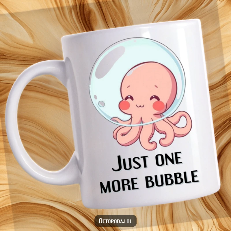 Funny Octopus Mug featuring a shy, blushing octopus character attempting to conceal itself humorously behind a single, large bubble, conveying awkward charm.