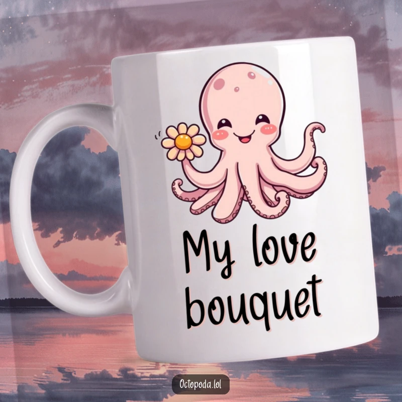 Funny mug featuring a cheerful octopus character extending a tentacle with a bright flower, radiating happiness and warmth.