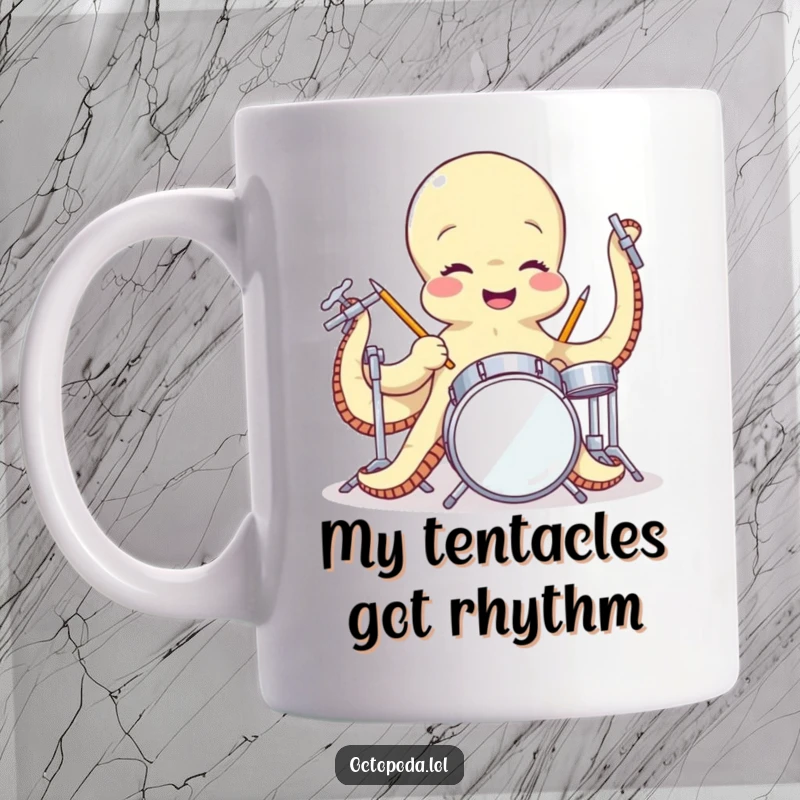 Funny mug featuring a giggling octopus artistically playing a tiny drum set with all its arms, radiating pure joy and musical energy.