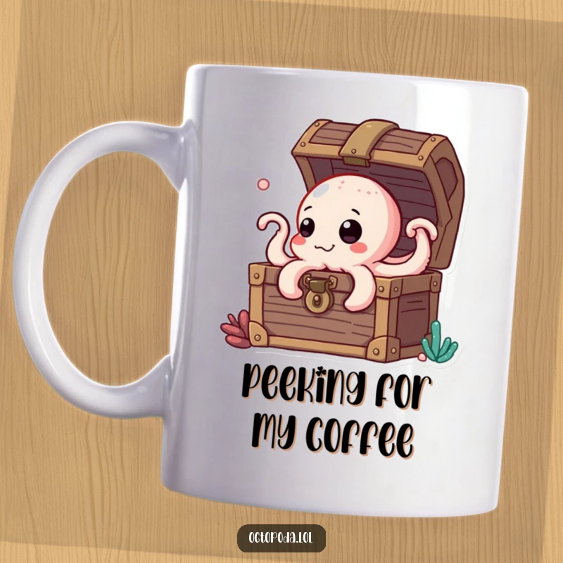 Funny mug featuring a curious octopus character peeking its head out from a golden treasure chest, full of wonder.