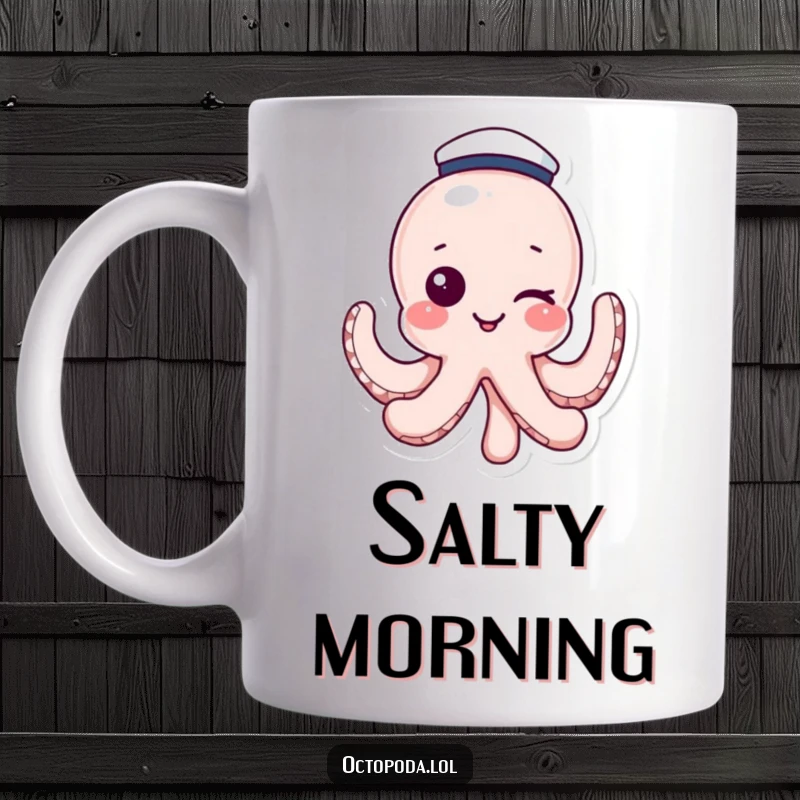 Funny mug featuring a winking octopus character wearing a tiny sailor hat, exuding playful charm and humor. A perfect gift.