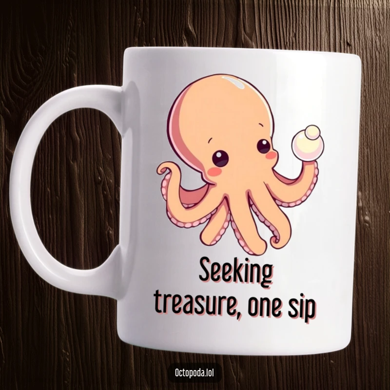 Funny mug featuring a curious octopus gently touching a shiny pearl, symbolizing discovery and gentle exploration.
