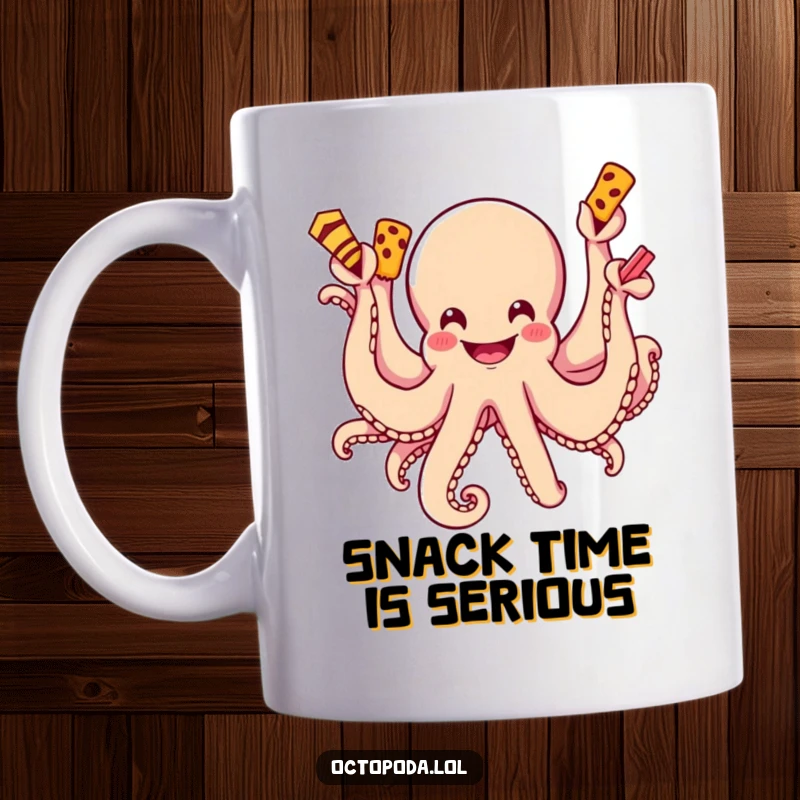 Funny mug with a grinning octopus using its many arms to grab delectable snacks, showcasing pure gluttony.