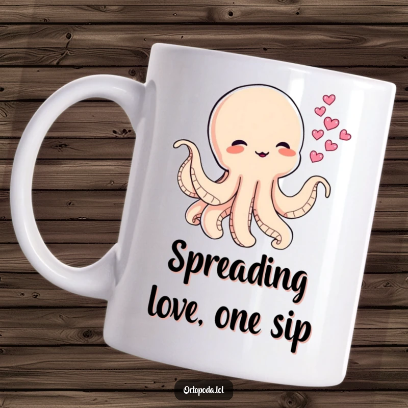 Funny mug with a mischievous baby octopus blowing heart-shaped ink clouds, symbolizing playful affection and charm.