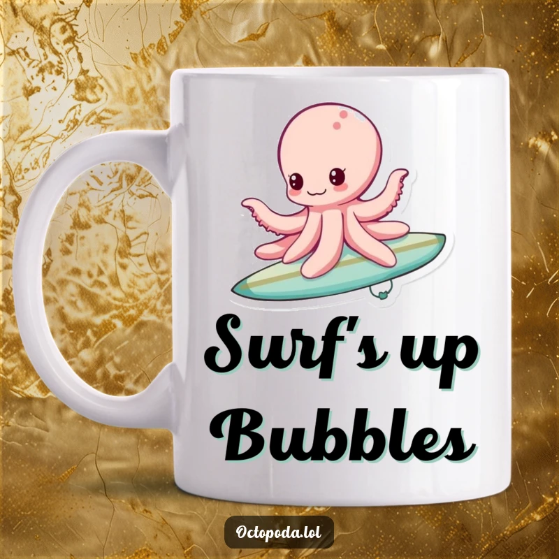 Funny bubble surfing octopus mug, a playful octopus riding a giant bubble like a surfboard, embodying underwater fun.