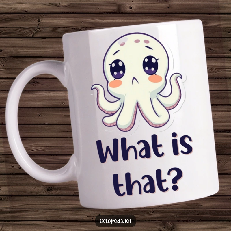 Funny mug featuring a surprised octopus character with wide eyes looking upwards in awe or shock. A perfect humorous gift.
