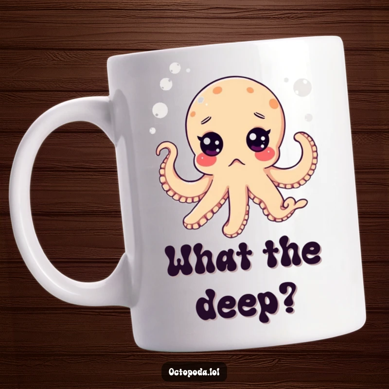 Funny mug showcasing a surprised octopus with wide eyes floating in a sea of bubbles, expressing comical shock.