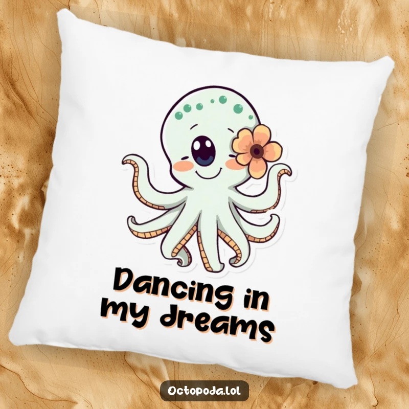 Funny pillow featuring a happy octopus dancing with a flower, perfect for adding comfort and a cheerful vibe.