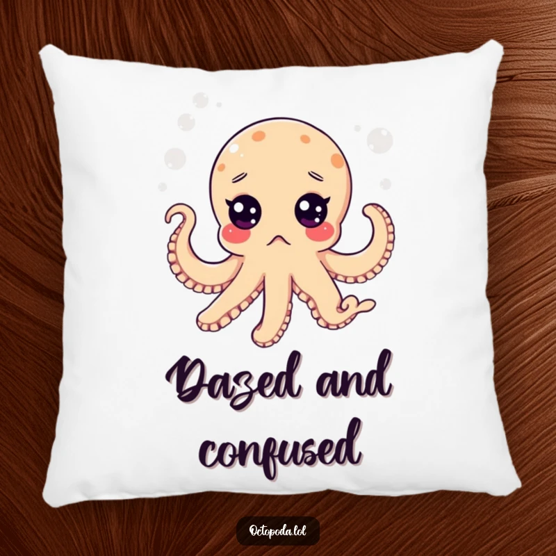Funny pillow showcasing a surprised octopus with wide, shocked eyes floating in a bubbly sea, offering comfort and humor.