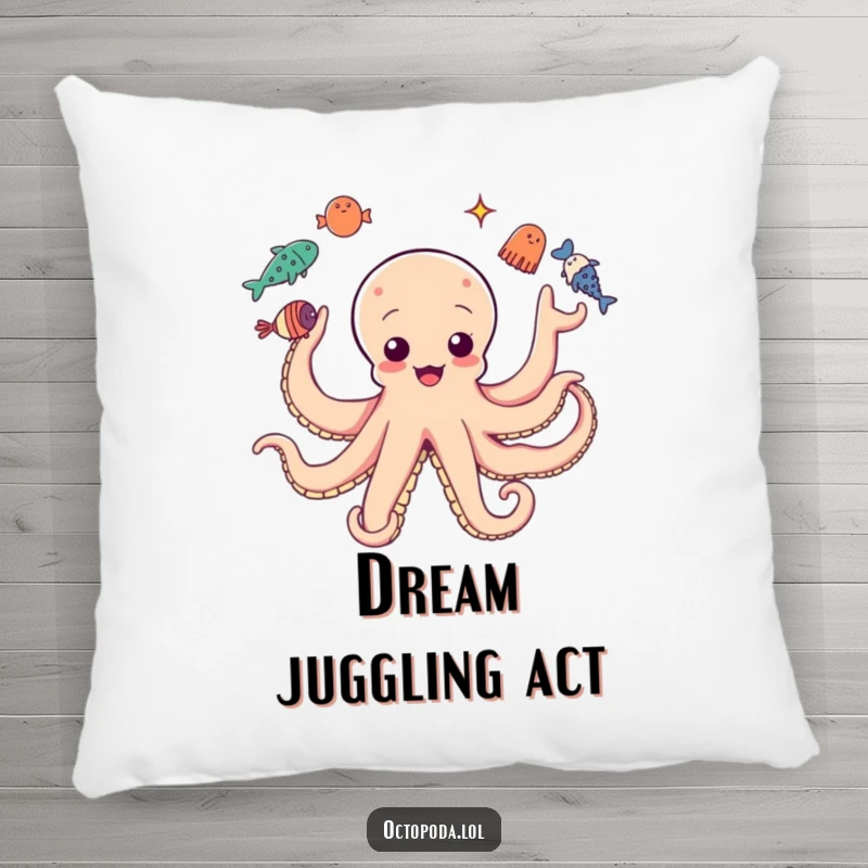 Funny pillow design of an octopus juggling sea creatures, comfortable and full of playful energy.