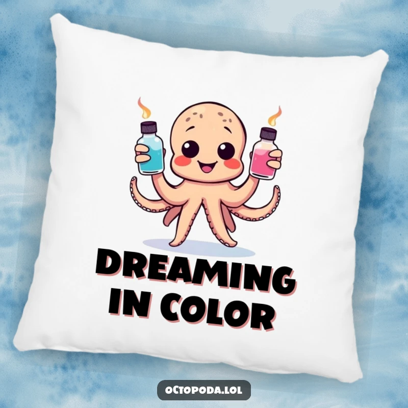 Funny pillow featuring a happy octopus juggling ink bottles, perfect for adding whimsical and artistic comfort to any room.