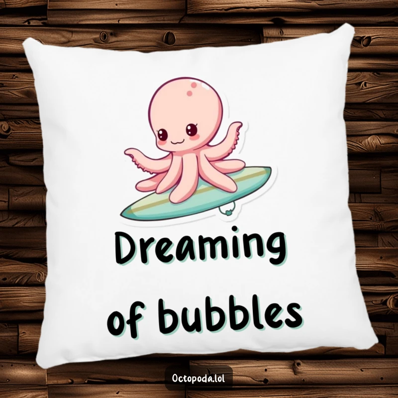 Funny bubble surfing octopus pillow, a soft cushion featuring an octopus riding a bubble like a surfboard, adding playful charm.