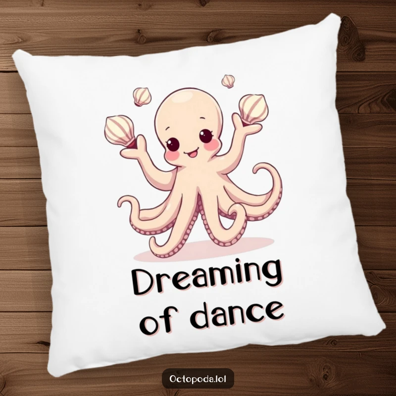 Funny Kawaii Octopus Pillow featuring a dancing cephalopod juggling seashells, a soft and charming decorative accent for any room.