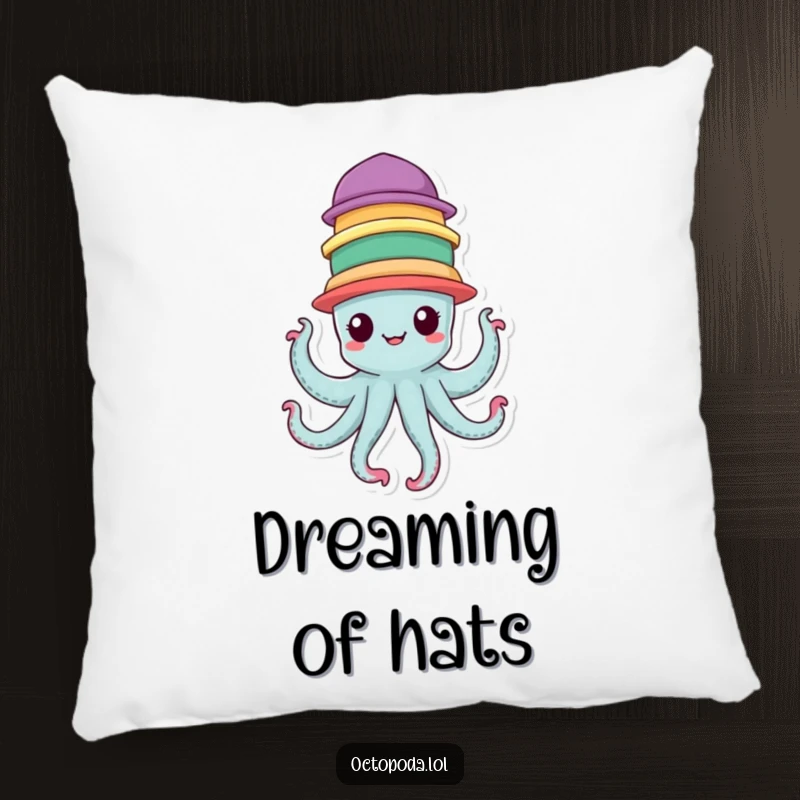 Funny Pillow depicting a cheerful octopus character balancing seven colorful hats, perfect for cozying up.