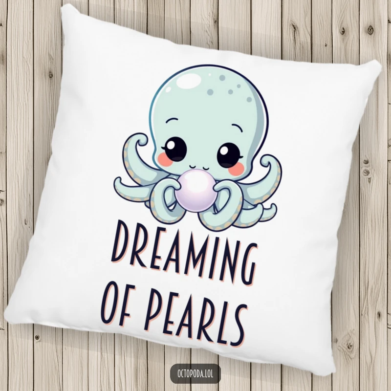 Funny Kawaii Octopus Pillow featuring a curious cephalopod examining a shimmering pearl, a soft and charming decorative accent.