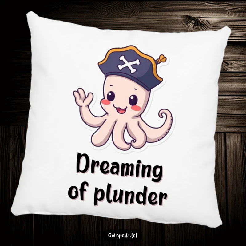 Funny pirate octopus pillow: a playful octopus in a pirate hat waves goodbye with a tentacle, offering cozy comfort and nautical decor.