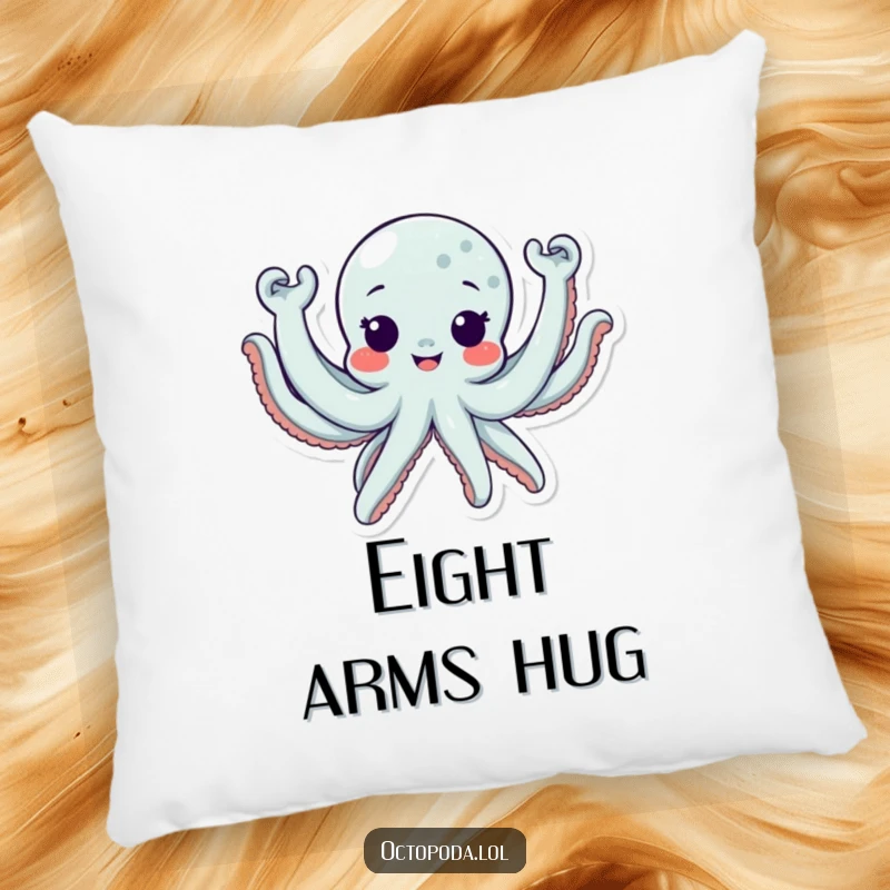 Funny Pillow depicting a cute octopus character waving all eight arms excitedly, perfect for cozying up.