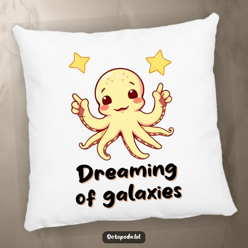 Funny pillow with a curious octopus pointing towards a twinkling star, offering comfort and a sense of cosmic adventure.