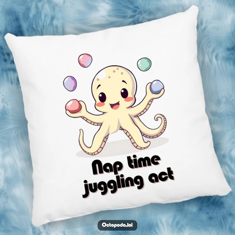 Funny Juggling Octopus Pillow: A plush pillow featuring a happy octopus juggling pebbles, offering comfort and humor.