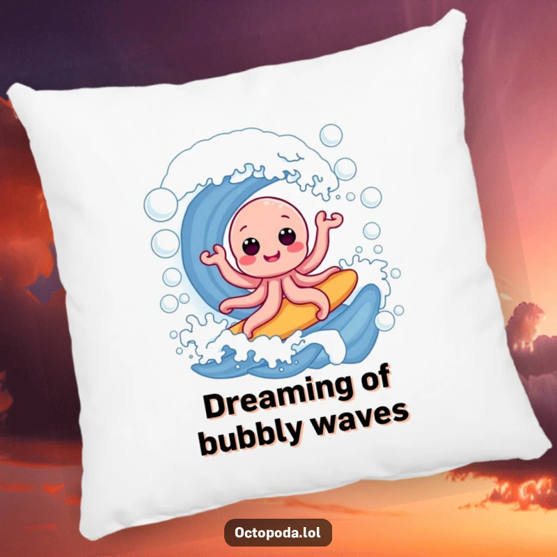 Funny pillow: a joyful octopus surfing a massive wave of soap bubbles, perfect for adding a touch of whimsical comfort and seaside fun.