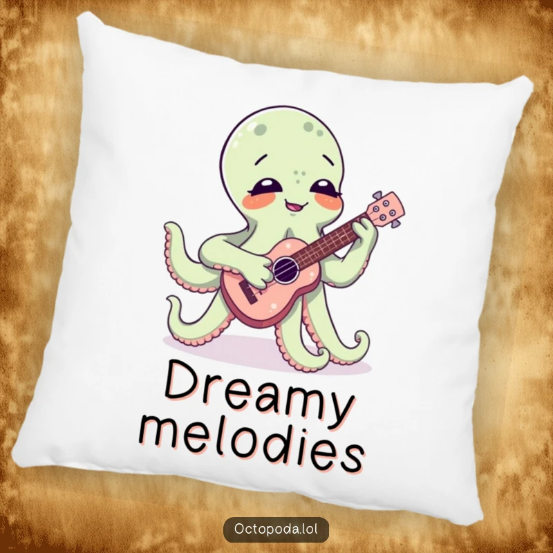 Funny pillow with a cheerful octopus engrossed in playing a small ukulele, perfect for adding a humorous touch to sofas and beds.