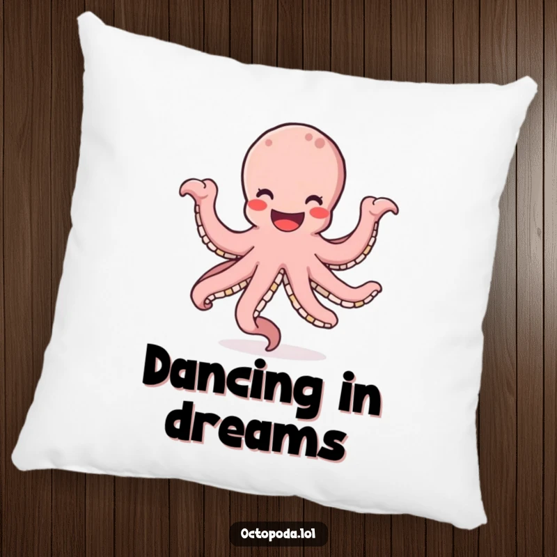 Funny pillow showcasing a smiling octopus performing a happy dance, its arms gracefully swirling in a circular formation.