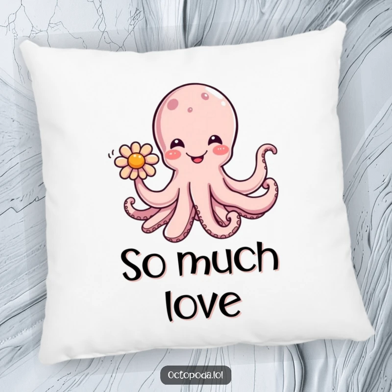 Funny pillow featuring a cute octopus offering a flower with a tentacle, adding a touch of soft, humorous decor.
