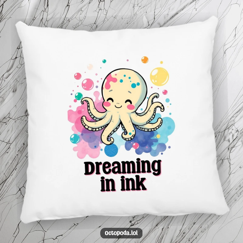 Funny pillow depicting a happy octopus surrounded by colorful bubbles, leaving playful ink splatters for a humorous look.