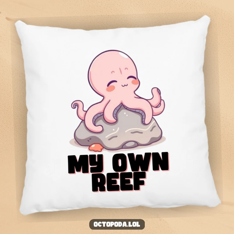 Funny pillow featuring a relaxed octopus character lounging comfortably on a seafloor rock, promoting serenity.