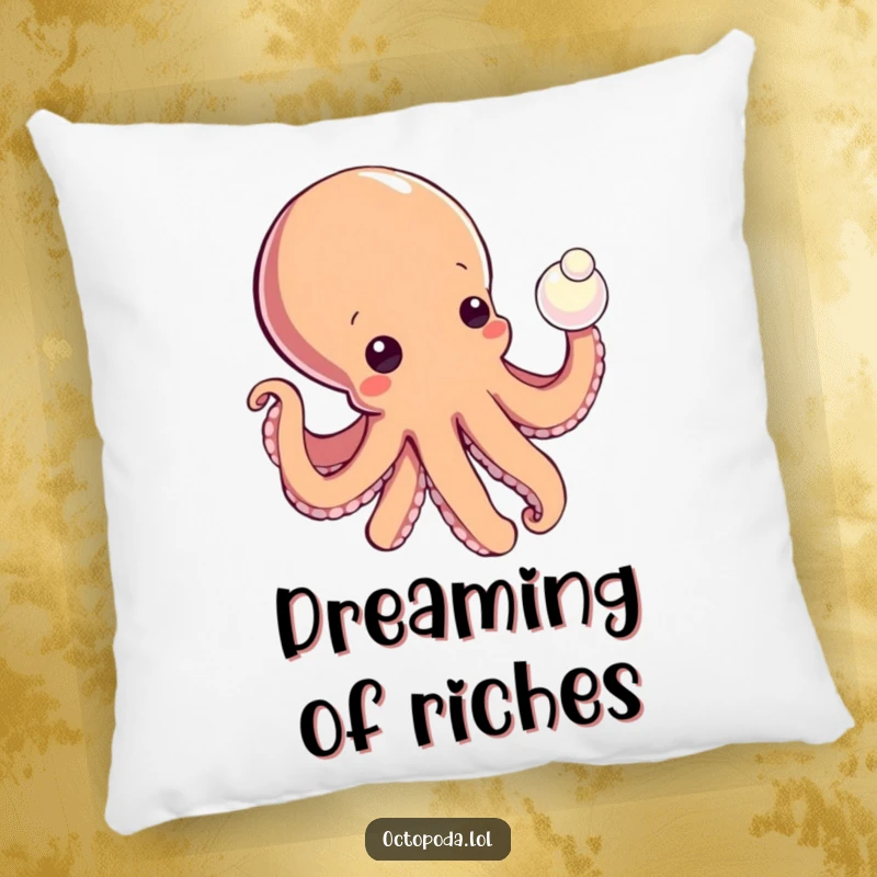 Funny pillow featuring a curious octopus reaching for a shiny pearl, perfect for adding whimsical and enchanting comfort.