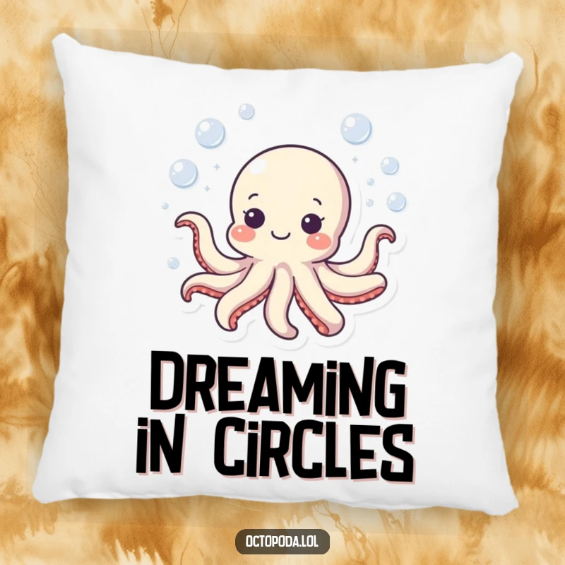 Funny octopus pillow with a small, happy octopus swimming in a bubbly circle, offering comfort and a humorous ocean theme.