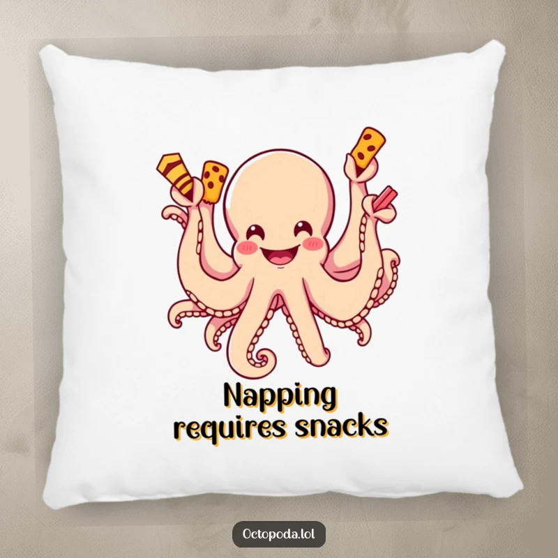 Funny pillow featuring a happy octopus with a wide grin, its many tentacles reaching out for tasty food items.