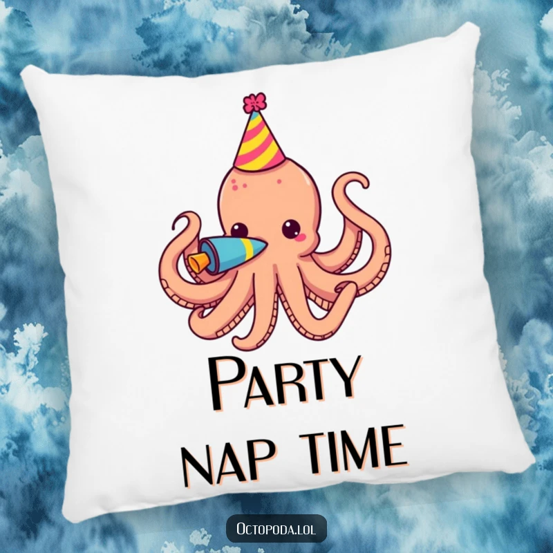 Funny Pillow featuring a festive octopus wearing a party hat and blowing a colorful horn, adding comfort and cheer.