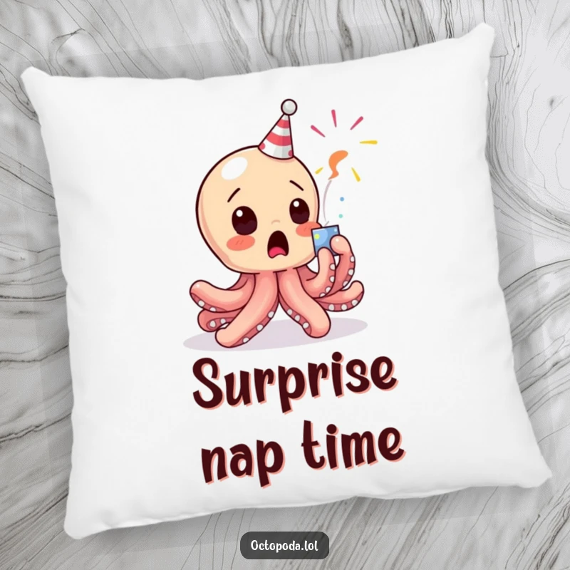 Funny Octopus Pillow: A soft cushion depicting a baby octopus character comically startled by a popping party popper.