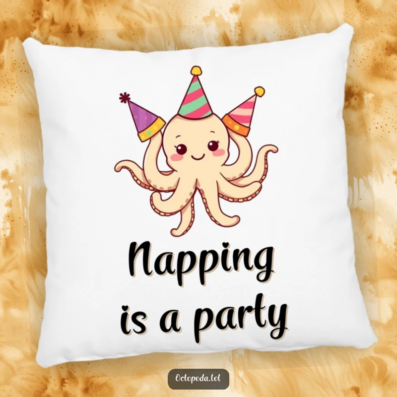 Funny Octopus Pillow: A soft cushion featuring a smiling, tiny octopus comically entangled in party hats.