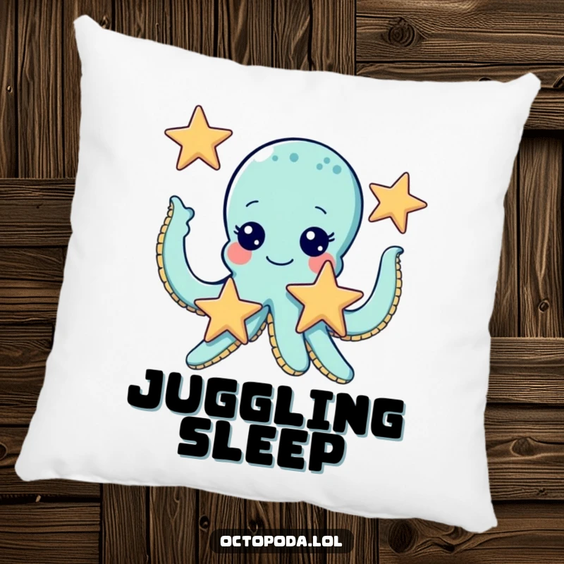 Funny pillow showcasing a cute octopus with beaming eyes, expertly juggling three starfish, adding humor to any room.