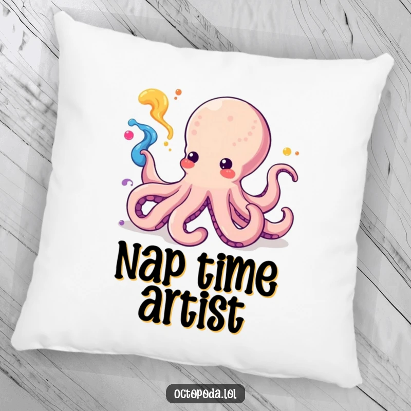 Funny Kawaii Octopus Pillow featuring a cute cephalopod artistically squirting vibrant ink, a soft and playful decorative accent.