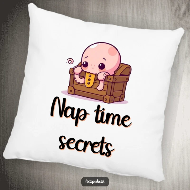 Funny Pillow featuring a curious octopus peeking from behind a treasure chest, providing comfort and a touch of playful, hidden humor.