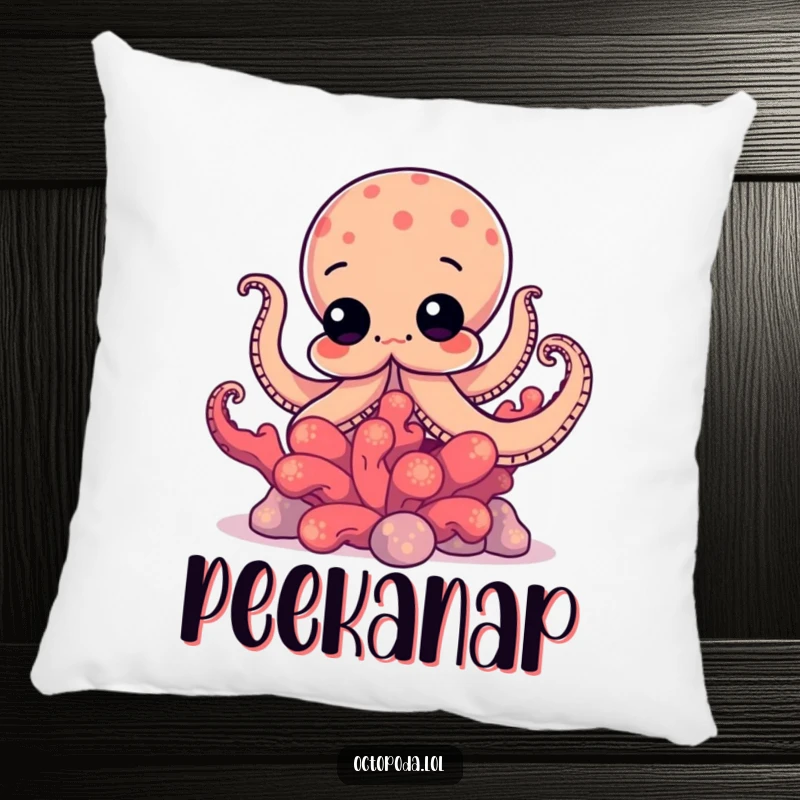 Funny pillow showcasing a curious octopus peeking from behind vibrant coral, offering a humorous and intriguing decorative piece.