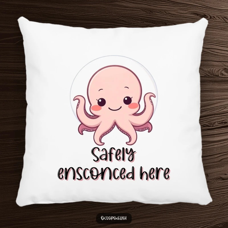Funny pillow with a shy octopus hiding behind a large, smiling bubble, offering comfort and a dose of cute humor.
