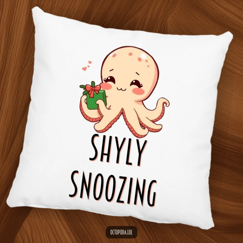 Funny pillow with a shy octopus blushing and offering a gift wrapped in seaweed, ideal for cozy, sweet comfort.