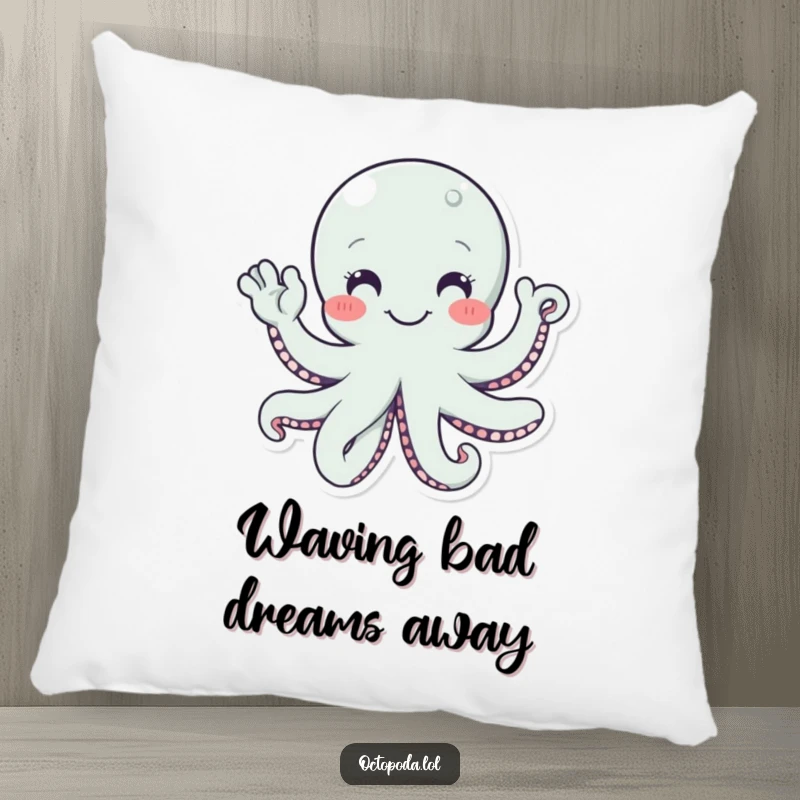 Funny pillow showcasing a smiling octopus character with tentacles waving hello, perfect for cozy, friendly comfort.