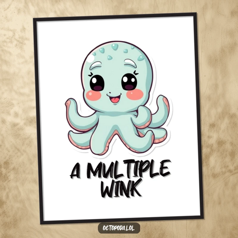 Funny octopus digital art print of a giggling octopus winking with all its eyes, perfect for whimsical and fun decor.