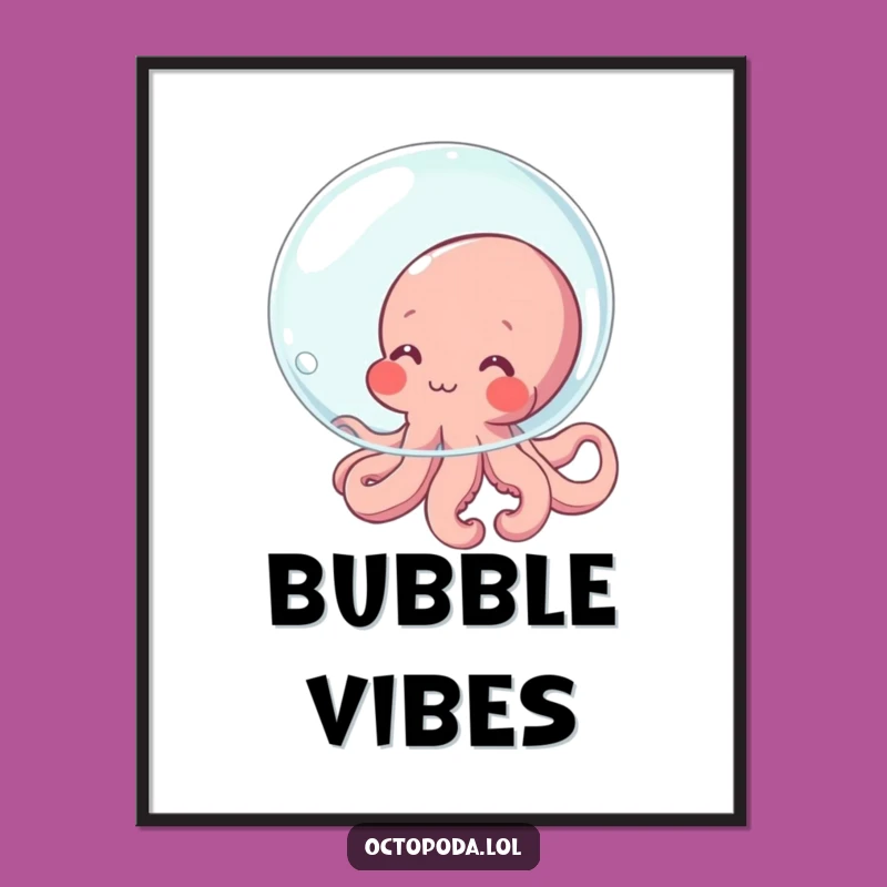 Funny Shy Octopus Digital Print: Blushing Character Hiding, Perfect Wall Art Gift