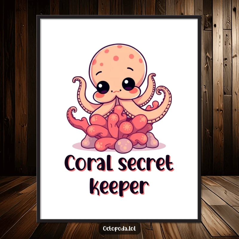 Funny digital art print of a curious octopus peeking from behind vibrant coral, bringing playful mystery and humor to your decor.