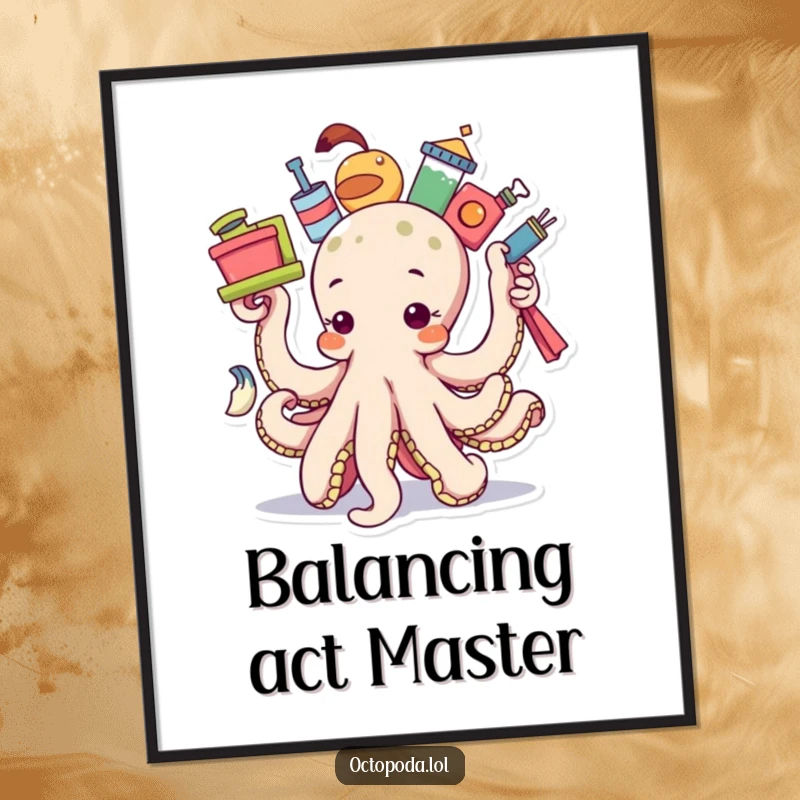 Funny determined octopus digital art print, depicting an octopus precariously balancing many items.