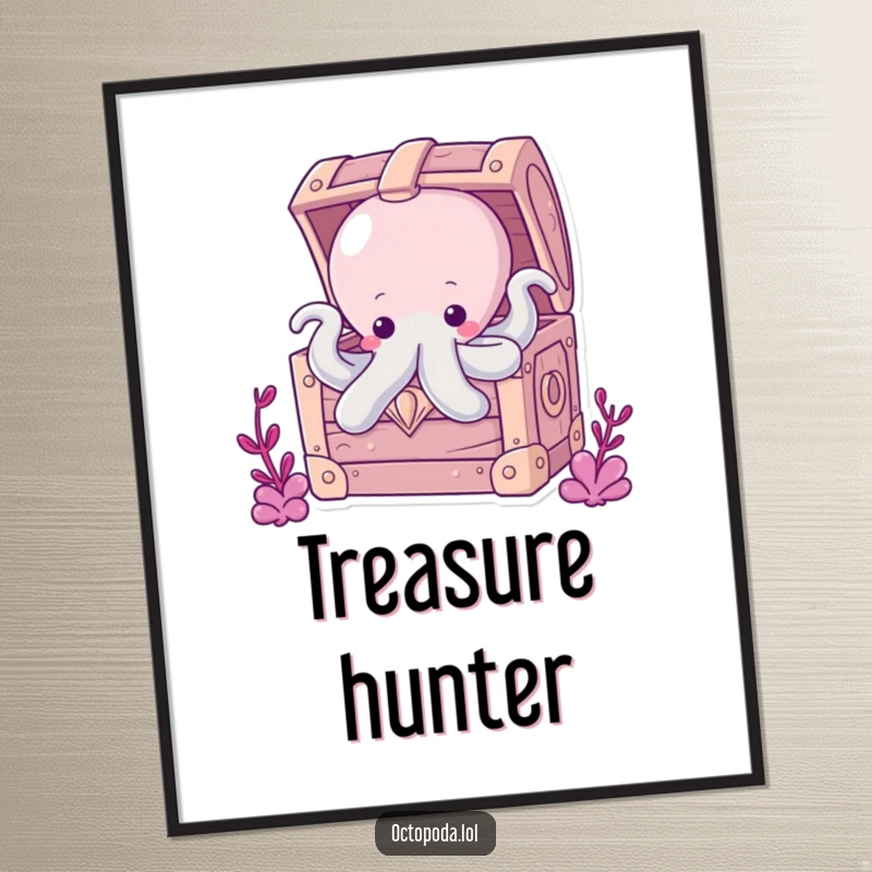 Funny Chubby Octopus Digital Art Print: A chubby octopus peeking from a treasure chest, bringing instant charm and a sense of playful discovery.