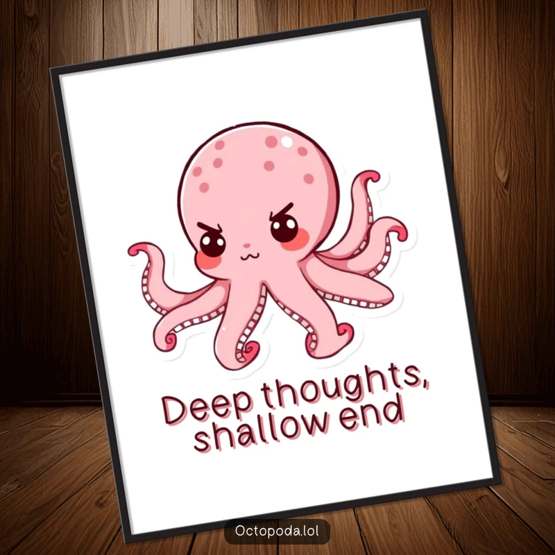 Funny Octopus Digital Art Print: A small octopus with a tiny, determined expression radiates focused humor.