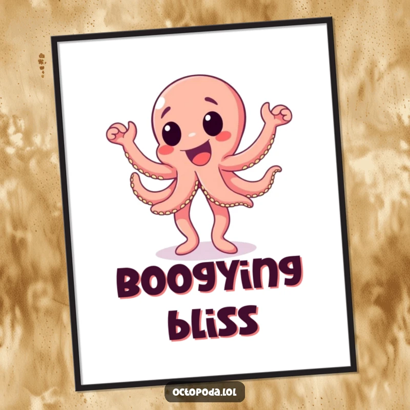 Funny octopus digital art print of an excited octopus character doing a happy dance, perfect for energetic and fun decor.