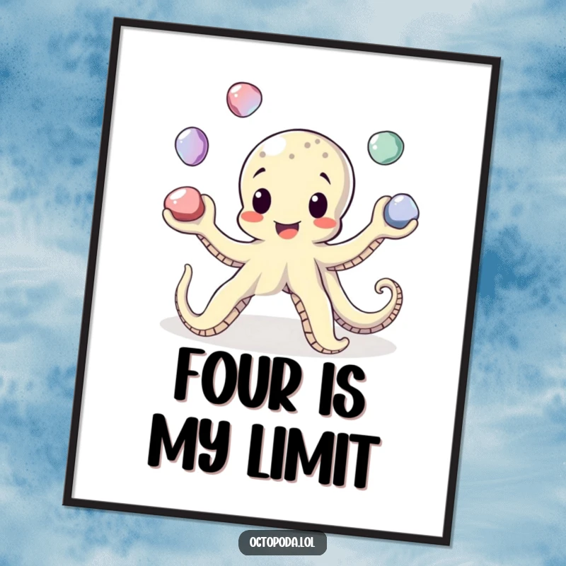 Funny Juggling Octopus Digital Art Print: A playful octopus juggles pebbles, showcasing skill and humor.